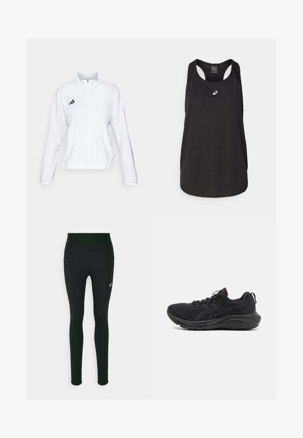 adidas Performance ADIZERO ESSENTIALS - Sportska jakna - white; Crni sportski top bez rukava od laganog materijala. Ima okrugli izrez, dizajn s razrezom na leđima i mali bijeli logo sprijeda.; Crne tajice s visokim strukom, koje imaju glatku teksturu i bočne džepove. Suptilni reflektirajući detalji i logo su prisutni.; Crne sportske cipele s prozračnom mrežastom gornjom jedinicom, strukturiranom sredinom, okruglim vrhom i teksturiranom površinom. Sadrže crne vezice i detalje s logotipom.
