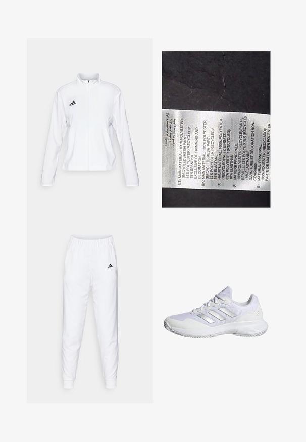 adidas Performance ADIZERO ESSENTIALS - Chaqueta de running - white; Etiqueta de tela blanca con texto negro detallando los materiales: 100% poliéster reciclado, 82% poliéster, 18% elastano; incluye múltiples idiomas.; Pantalones deportivos blancos con cintura y puños elásticos. Cuenta con bolsillos laterales y un pequeño logotipo negro en el muslo izquierdo. Acabado de tela suave.; Zapatilla deportiva blanca con parte superior de malla, paneles texturizados y acentos plateados. Presenta una suela acolchada y un diseño de puntera redonda.