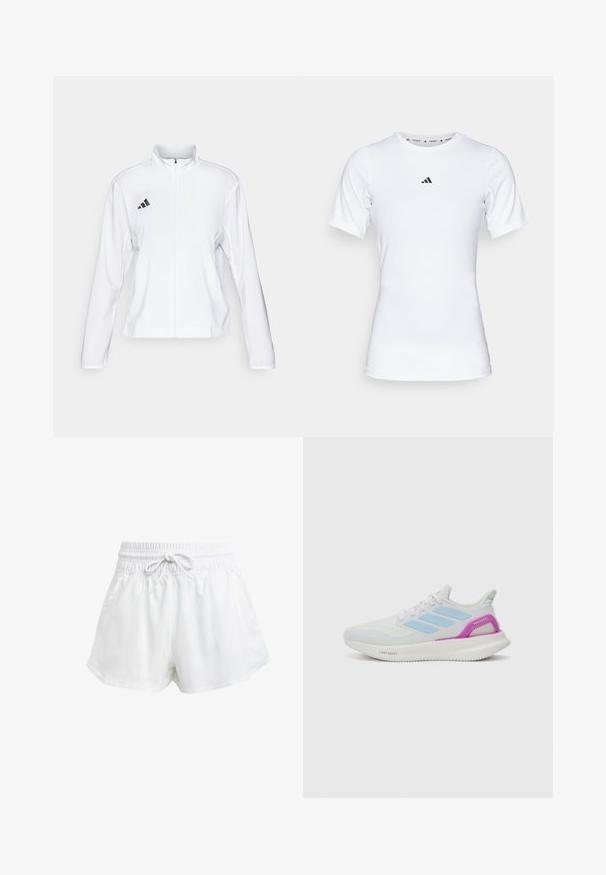 adidas Performance ADIZERO ESSENTIALS - Sportdzseki - white; Fehér sportpóló, rövid ujjú, sima, rugalmas anyagból készült. Kicsi fekete Adidas logó található a mellkasán.; Fehér sportcipőnadrág rugalmas derékrésszel és állítható húzózsinórral. Könnyű anyagból készült, oldalzsebekkel rendelkezik és laza szabású.; adidas Performance PUREBOOST 5 - Utcai futócipők - white/glow blue/purple burst