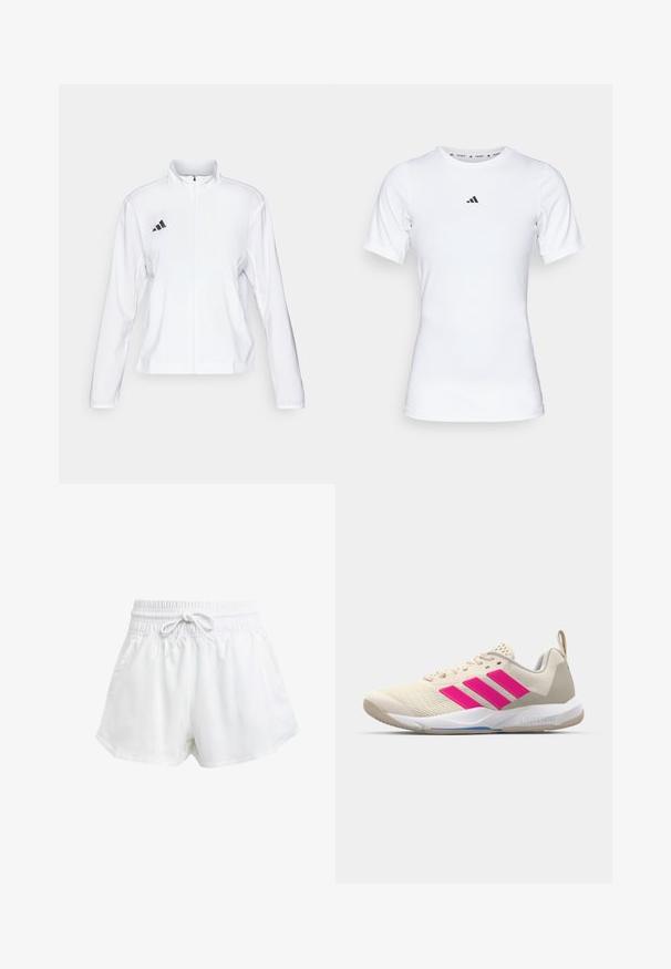 adidas Performance ADIZERO ESSENTIALS - Športna jakna - white; Bela športna majica s kratkimi rokavi, narejena iz gladkega, elastičnega materiala. Na prsih ima majhen črn logotip Adidas.; Bela športna kratka hlače z elastičnim pasom in nastavljivim vrvico. Narejena iz lahkega materiala, z bočnimi žepi in ohlapnim prilegajočim se krojem.; Bežni atletski čevlji z rožnatim logotipom s tremi črtami, teksturiran zgornji del iz mrežaste tkanine, oblazinjen ovratnik in bel gumijast podplat, ki nosi blagovno znamko "LIGHTSTRIKE".