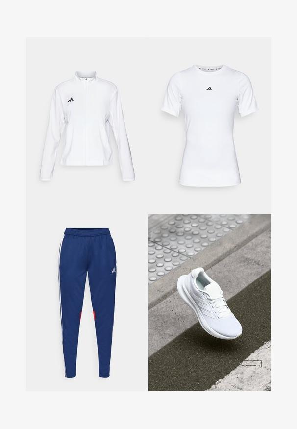 adidas Performance ADIZERO ESSENTIALS - Športna jakna - white; Bela športna majica s kratkimi rokavi, narejena iz gladkega, elastičnega materiala. Na prsih ima majhen črn logotip Adidas.; Mornarske trenirke z belimi bočnimi črtami, elastičnim pasom in rdečimi taktili ob robu. Narejene iz gladkega, lahkega blaga.; Bela športna čevelj z zgornjim delom iz mrežastega materiala, vezalnim oblikovanjem in teksturiranim podplatom. Opazne so subtilne znamke in brezšivne konstrukcijske podrobnosti.