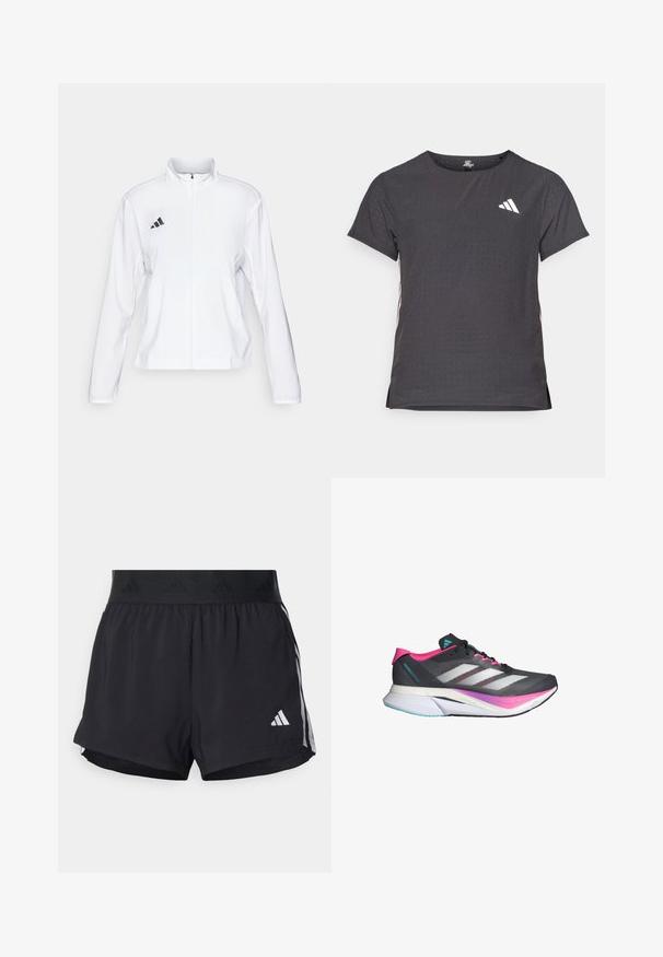 adidas Performance ADIZERO ESSENTIALS - Veste de running - white; T-shirt de sport à manches courtes, gris foncé avec une texture perforée. Présente un logo blanc et des rayures latérales contrastantes. Encolure arrondie.; Shorts de sport noirs avec une taille élastique, dotés d'une bande texturée, de rayures sur les côtés, et d'un logo Adidas blanc sur l'ourlet inférieur.; Chaussure de course avec une tige en maille grise, des accents roses et des rayures blanches. Dispose d'une semelle rembourrée et d'un design aérodynamique élégant.