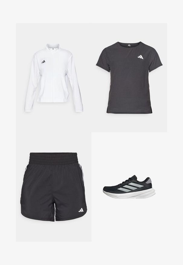 adidas Performance ADIZERO ESSENTIALS - Löparjacka - white; Kortärmad atletisk t-shirt, mörkgrå med perforerad textur. Har en vit logotyp och kontrasterande sidostripes. Rundad halsringning.; Svarta träningsshorts med elastisk midja, sidfickor och vita randkonturer på sidorna. Tillverkade av lätt material.; Svart löparskor med meshtopp, tre silverränder, vit mellansula och strukturerad sula. Har vadderad krage och snörning.