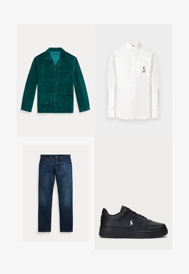 Teal corduroy jacket with a lapel collar, button front, long sleeves, two front pockets, and a chest pocket. Features ribbed texture.; White long-sleeve button-up shirt made of cotton blend, featuring a chest pocket with colorful embroidered design, standard collar, and rounded hem.; Dark blue denim jeans with a straight leg cut, featuring subtle fade patterns, orange stitching, and classic five-pocket design.; Black leather sneakers with a perforated design, flat lace-up closure, and a white embroidered logo on the side. Thick black rubber sole.