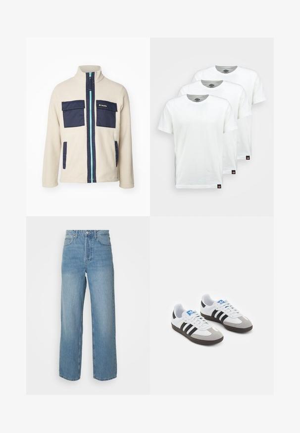 Columbia JUNIPER PEAK™ FULL ZIP - Veste polaire - ancient fossil/collegiate navy; Trois t-shirts en coton blanc uni à manches courtes. Chaque t-shirt présente un col rond et une petite étiquette de logo noire sur le côté gauche.; Jeans en denim léger bleu clair taille haute avec des jambes droites, fermeture à bouton à l'avant et style à cinq poches sur fond uni.; Baskets avec une tige en cuir blanc, un bout en daim gris et trois bandes noires. Présente un logo bleu sur la languette et une semelle en caoutchouc texturée.