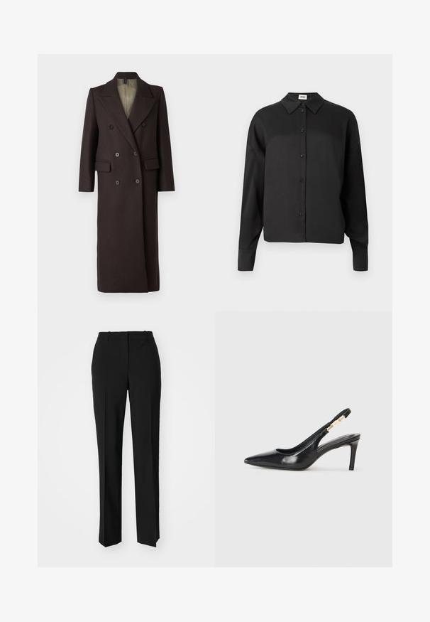DRYKORN WORCESTER - Κλασικό παλτό - brown; Μαύρο πουκαμισο με μακριά μανίκια, γιακά και λεία υφή, που παρουσιάζει μια κομμένη σιλουέτα. Τα κουμπιά είναι σκούρα και τακτοποιημένα.; Μαύρο παντελόνι με ραφή που έχει σχεδιασμό ίσιας γραμμής, διαθέτει λεία υφή και καθαρές πτυχώσεις κατά μήκος της μπροστινής πλευράς. Χωρίς ορατό μεταλλικό υλικό.; Μαύρο δερμάτινο παπούτσι με τακούνι, slingback, με μυτερή μύτη, ομαλή υφή και στενή ιμάντα στον αστράγαλο με χρυσές λεπτομέρειες.