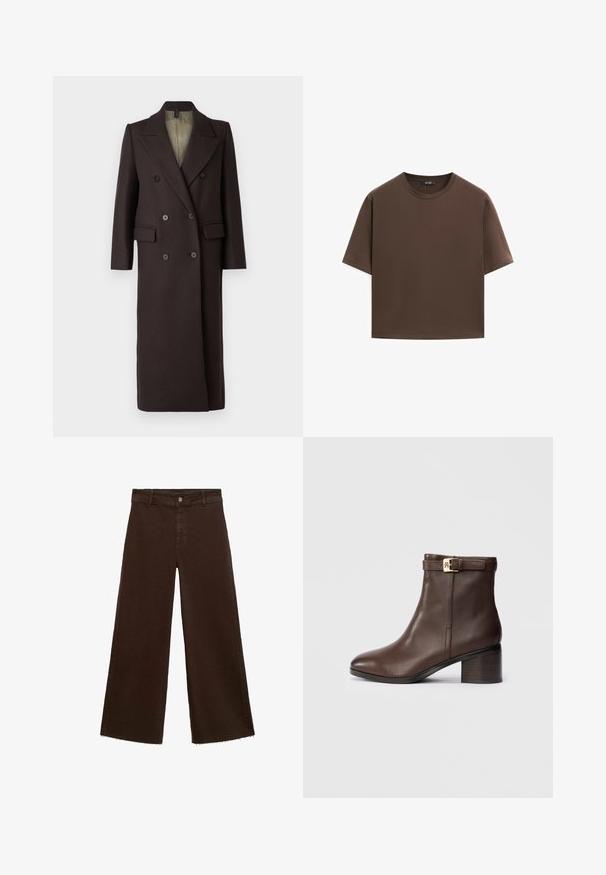 DRYKORN WORCESTER - Klassischer Mantel - brown; Braunes Baumwoll-T-Shirt, kurze Ärmel, runder Halsausschnitt, lockere Passform, glatte Textur, minimalistisches Design, keine sichtbaren Muster oder Akzente.; Braune, weit geschnittene Hosen aus Baumwollmischung mit fransigem Saum, vorderem Knopfverschluss und klassischem Fünf-Taschen-Design. Minimalistisch und vielseitig.; Braun Leder Stiefelette mit runder Zehenpartie, niedrigem Blockabsatz und einem dekorativen Schnallenriemen am Knöchel. Glatte Textur und elegantes Design.