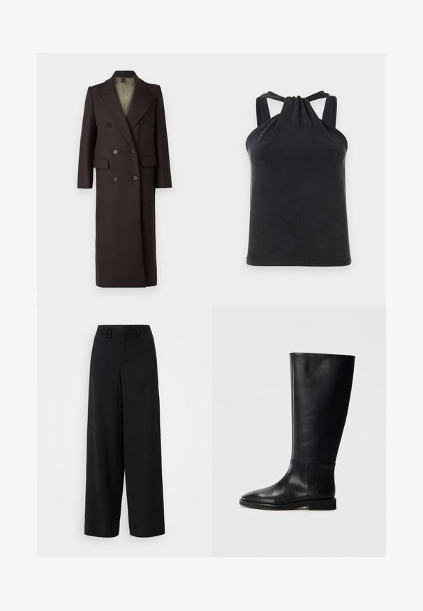 DRYKORN WORCESTER - Klasický kabát - brown; Černý halter top vyrobený z hladké látky, který má detail uzlu na límci a široké ramínka spojující se s zadní částí.; Černé kalhoty širokého střihu z hladkého materiálu, s plochým předním dílem, sklady a poutky na opasek v pase.; Černá kožená vysoká bota s kulatou špičkou, hladkou texturou, minimalistickým designem a plochou podrážkou. Jednoduché švy na holeně.