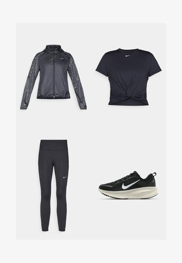 Veste de sport noire avec fermeture éclair sur le devant, manches en maille texturée présentant des motifs de points, et un col haut. Conçue pour les vêtements d'activités.; T-shirt de sport noir en tissu lisse, avec un design avant noué et un petit logo Nike blanc sur la poitrine.; Leggings noirs en tissu extensible, dotés d'une taille haute et d'un logo Nike blanc sur la cuisse gauche. Texture lisse, design ajusté.; Baskets de course noir Nike avec tige respirante en mesh, logo swoosh blanc, détails texturés et semelle intermédiaire ZoomX de couleur crème.
