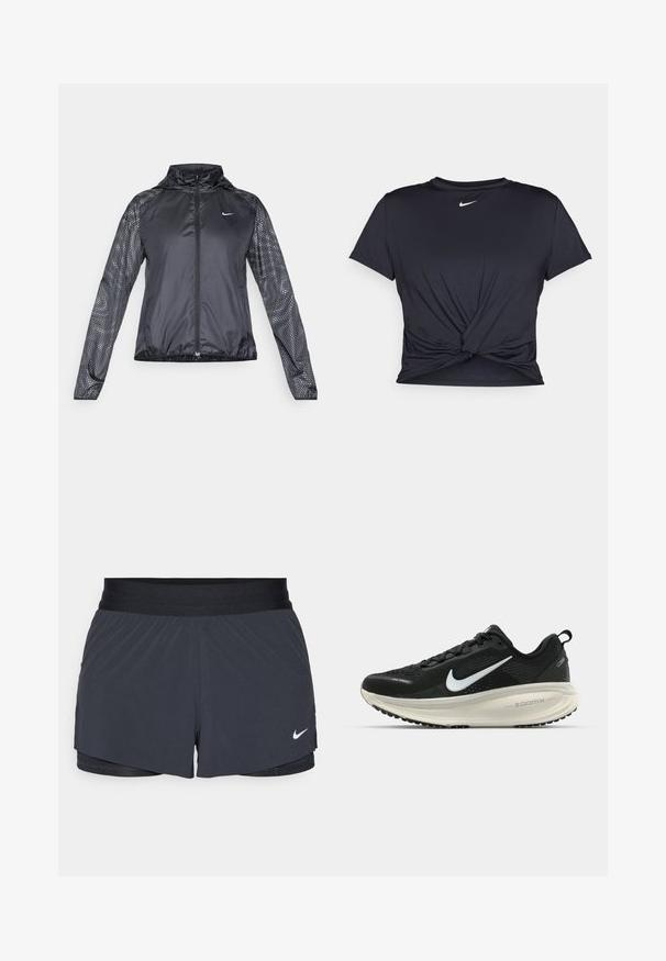 Svart sportsjakke med glidelås foran, teksturerte mesh-ermer med prikkete mønster, og høy krage. Designet for aktivt bruk.; Svart trenings T-skjorte laget av glatt stoff, med en knyttet frontdesign og en liten hvit Nike-logo på brystet.; Sorte treningshorts med elastisk midjebånd, med lagdelt design og liten hvit Nike-logo på nederste venstre side. Lett materiale.; Svart Nike løpesko med pustende mesh-overdel, hvit swoosh-logo, teksturert detaljer og en kremfarget ZoomX mellomsåle.