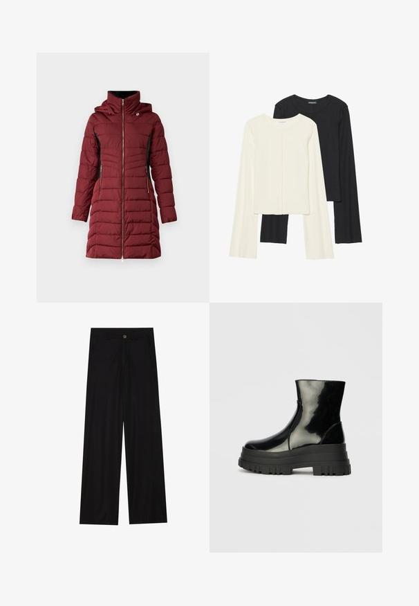 Bordo pūkuota striukė su užtrauktuku, kepure ir juodais akcentais. Yra kišenės ir siuvinėjimo tekstūra, suteikianti šilumą ir stilių.; Dviejų ilgomis rankovėmis marškinėlių rinkinys, baltas ir juodas. Raukšlėta tekstūra, apvalus kaklas, prigludusi forma su šiek tiek platėjančiomis rankovėmis.; Plati juodos kelnės, pagamintos iš lygaus audinio, su priekinėmis kišenėmis ir mygtuko užsegimu liemenyje. Minimalistinis dizainas be raštų.; Juodas blizgus kulkšninis botas su storu iškilniu padu ir apvaliu pirštu, šoninis vaizdas ant vientiso šviesiai pilko fono.