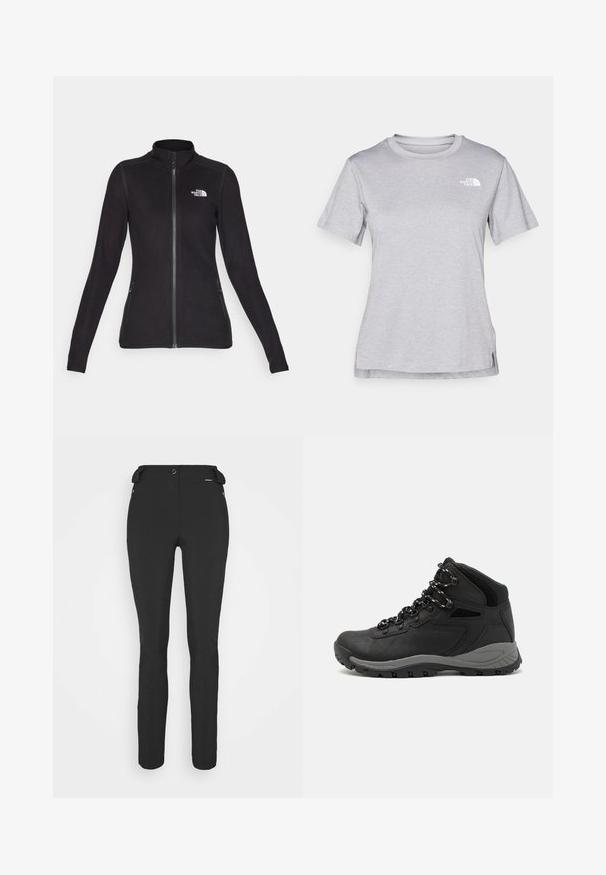 Jachetă din flanel negru cu guler înalt, fermoar complet și două buzunare laterale. Prezintă un logo alb pe partea superioară stângă a pieptului. Textură moale.; Tricou scurt cu mânecă gri, fabricat dintr-un material moale, care absoarbe umezeala. Are un guler rotund și un mic logo alb în partea stângă sus.; Pantaloni negri, ajustați, confecționați dintr-un material flexibil. Caracteristici includ un buzunar cu fermoar pe lateral, genunchi articulați și o textură netedă.; Botă de drumeție neagră cu un design mediu, având un material texturat, accente gri și o talpă din cauciuc durabilă cu crampoane pentru aderență.