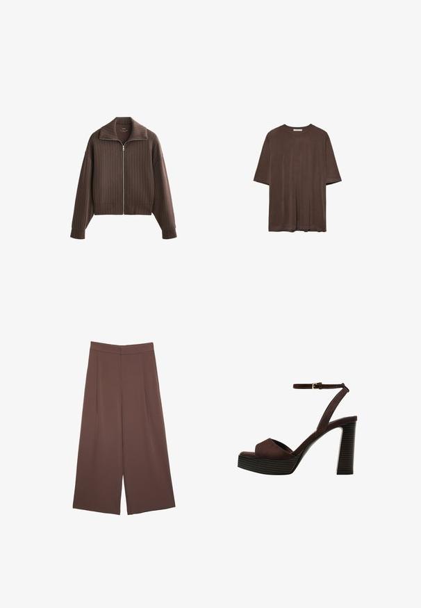 Braune Zip-Jacke mit breitem Kragen und langen Ärmeln, versehen mit vertikalen Nadelstreifen und einem cropped Design. Weicher Stoff mit glatter Textur.; Braunes kurzärmeliges T-Shirt aus weichem Stoff, mit Rundhalsausschnitt und lockerer Passform. Glatte Textur ohne Muster oder Akzente.; Braune Weite-Leg-Hosen mit einer glatten Textur, hoher Taille und Vorderfalten. Der Stoff ist leicht und fällt locker.; Braune Wildleder-Pumps mit offenem Zeh, verstellbarem Knöchelriemen und gestreiftem Plateausohlen.