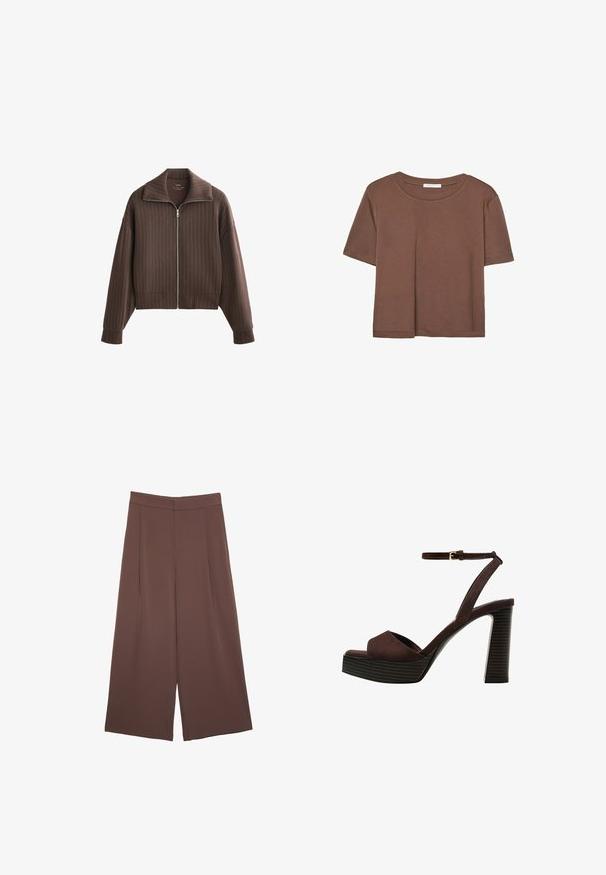 Rjava jakna na zadrgo s širokim ovratnikom in dolgimi rokavi, ki ima navpične črte in skrajšan dizajn. Mehka tkanina z gladko teksturo.; Rjava kratka majica s kratkimi rokavi iz mehkega materiala, s krožnim izrezom in ohlapnim krojem. Brez vidnih vzorcev ali dodatkov.; Rjave široke hlače z gladko teksturo, ki imajo visok pas in sprednje naborke. Tkanina je lahka in prosto pada.; Rjave semiš sandale z visoko peto, odprto spredaj, z nastavljivim gležnjenjem in črtastim podplatom.