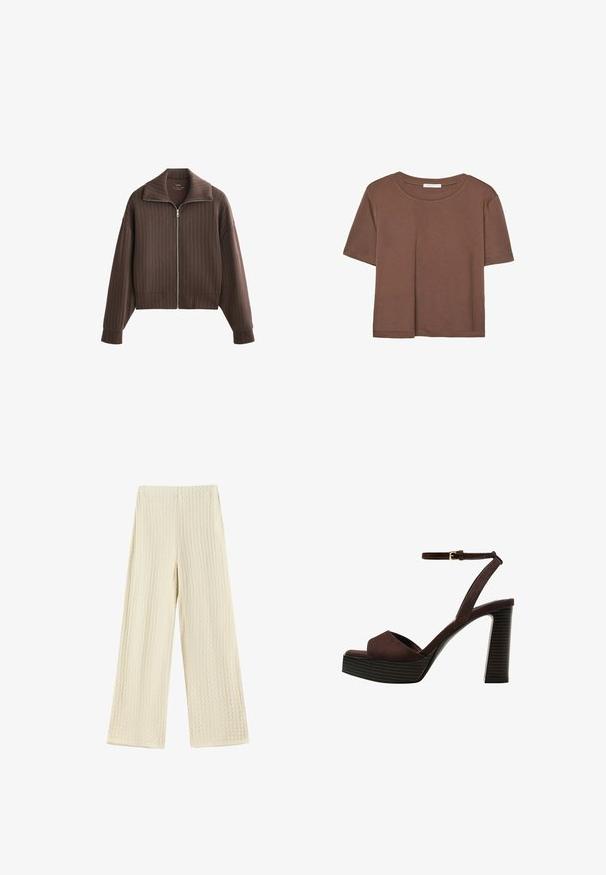 Brun zip jacka med bred krage och långa ärmar, med vertikala ränder och en kort design. Mjuk tyg med en slät yta.; Brun kortärmad t-shirt i mjukt tyg, med rund halsringning och avslappnad passform. Inga synliga mönster eller detaljer.; Breda byxor i en texturerad, krämfärgad tyg. Designen har ett våfflat mönster med hög midja och helängd ben.; Bruna mocka högklackade sandaler med öppen tå, justerbar vristrem och en randig plattformssula.