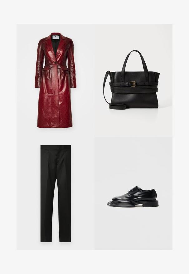 Červený kožený dlhý kabát so štruktúrovaným dizajnom blejzera, s jedným gombíkom, klopovými šatkami a textúrovaným vzorom.; Čierne bavlnené tričko s krátkymi rukávmi a okrúhlym výstrihom, na prednej strane s bielym textom "TOO HAUTE TO HANDLE".; Čierne nohavice s hladkým materiálom, strihom na mieru, rovnými nohavicami a plochým pásom bez viditeľných zapínaní alebo vreciek.; Čierna kožená topánka s lesklým povrchom, okrúhlou špičkou, šnúrkami a hrubou, plochou podrážkou. Má vrstvený, sochársky dizajn.; Čierna kožená kabelka so štruktúrovaným dizajnom, dvojitými hornými uchami, odnímateľným popruhom a zlatým prackovým akcentom na horizontálnej páske.