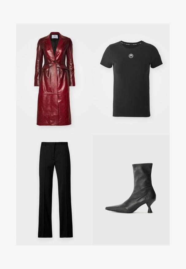 Sarkans ādas garais mētelis ar strukturētu žaketes dizainu, viena pogas aizdare, ieliektas atkāpes un reljefs raksts.; Melnas īsām piedurknēm T-krekls, izgatavots no kokvilnas. Tam ir apaļa apkakle un neliels balts logo uz krūtīm. Gluda tekstūra.; Melni taisni bikses gludā audumā, ar plakanu priekšpusi, jostas cilpām un bez redzamām kabatām vai rotājumiem.; Melnas ādas potīšu zābaki ar šauru pirkstu, teksturētu pirksta aizsargu un šauru, konusveida papēdi. Gluda virsma ar smalkiem dūriena elementiem.