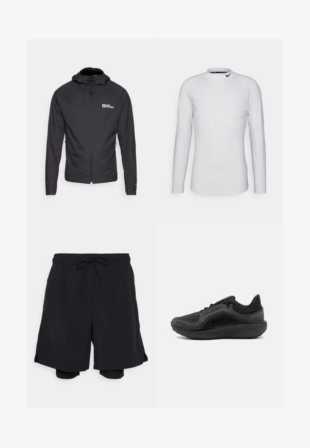 Fekete, könnyű dzseki cipzárral és kapucnival. Jellemzői közé tartozik a két oldalsó zseb és a bal mellrészen elhelyezkedő logó.; Hosszú ujjú, fehér sportpóló sima, rugalmas anyagból. Magas nyakkivágással rendelkezik, és a gallérján fekete Nike logó található.; Fekete sportos rövidnadrág, könnyű anyagból készült, elasztikus derékpánttal és zsinórral, valamint a testhez simuló bélésrövidnadrággal.; Fekete sportcipő texturált, steppelt felsőrésszel, letisztult dizájnnal és fekete gumitalppal. Látható logójával és Gore-Tex felirattal rendelkezik.