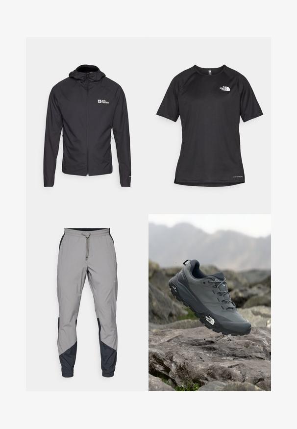 Μαύρο ελαφρύ μπουφάν με φερμουάρ και κουκούλα. Περιλαμβάνει πλαϊνές τσέπες και λογότυπο στην αριστερή περιοχή του στήθους.; Μαύρο αθλητικό μπλουζάκι με κοντά μανίκια και υφή, με λευκή λογότυπο στο αριστερό στήθος και ίσια ραφή.; Ελαφρύ γκρι αθλητικό παντελόνι με μαύρες λεπτομέρειες. Ελαστική μέση, κλείσιμο με κορδόνι, σχέδιο με στενό πόδι και πλαϊνές τσέπες.; Γκρι αθλητικό παπούτσι τρεξίματος με υφή στην επάνω πλευρά, ανθεκτική καουτσούκ σόλα και ενισχυμένη μύτη. Περιλαμβάνει κορδόνια και λογότυπο της μάρκας στο πλάι.