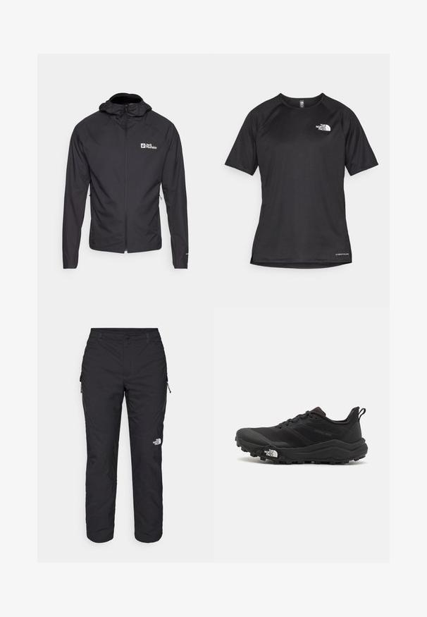 Black lightweight jacket with a zip closure and a hood. Features include side pockets and a logo on the left chest area.; Black short-sleeve athletic shirt with a textured fabric, featuring a white logo on the left chest and a straight hem.; The North Face WINTER EXPLORATION TAPERED CARGO - Outdoor trousers - black; Black trail running shoe with a textured upper, rubber sole, and reinforced toe cap. Features a padded collar and pull tab for easy wear.