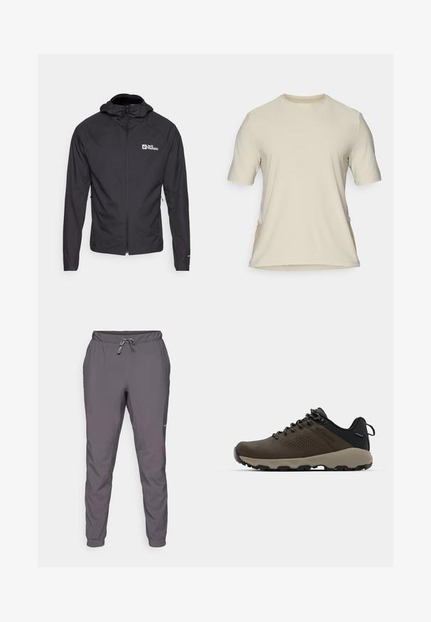 Juodas lengvas džemperis su užtrauktuku ir gobtuvu. Ypatybės: šoniniai kišeniai ir logotipas kairėje krūtinės pusėje.; Šviesiai ruda, trumpomis rankovėmis marškinėliai su apvaliu iškirpimu. Lygus audinys su šoninėmis siūlėmis ir šiek tiek lenktu apačiu. Nėra matomų logotipų ar raštų.; Pilkos, lengvos, elastingos juosmens kelnės su reguliuojama raišteliu; siaurėjančios kojos; glotni tekstūra; šone yra logotipo detalė.; Rudi nepralaidūs sportbačiai su tekstūruota viršutine dalimi, perforuotomis detalėmis, juodu kulno palaikymu ir pilku guminio padu. Šniūreliai yra dekoruoti metaliniais galais.