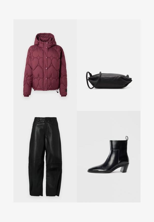 Chaqueta de plumas de color burdeos con capucha, con un diseño acolchado en forma de corazón, botones a presión en la parte delantera y puños elásticos con cordón ajustable en el dobladillo.; Blusa negra con mangas largas de gasa, con pliegues en la parte frontal y un adorno de flor de tela en capas en el hombro izquierdo. Cierre de botón en el cuello.; Pantalones de cuero negro con un corte holgado, que presentan un diseño de pierna recta, bolsillos frontales y detalles de costura visibles.; Botín de piel negra hasta el tobillo con punta afilada, tacón apilado geométrico y una lengüeta en la parte posterior. Textura suave y diseño elegante.; Bolso de mano de cuero negro con forma rectangular, textura suave, correa delgada para el hombro y diseño minimalista.