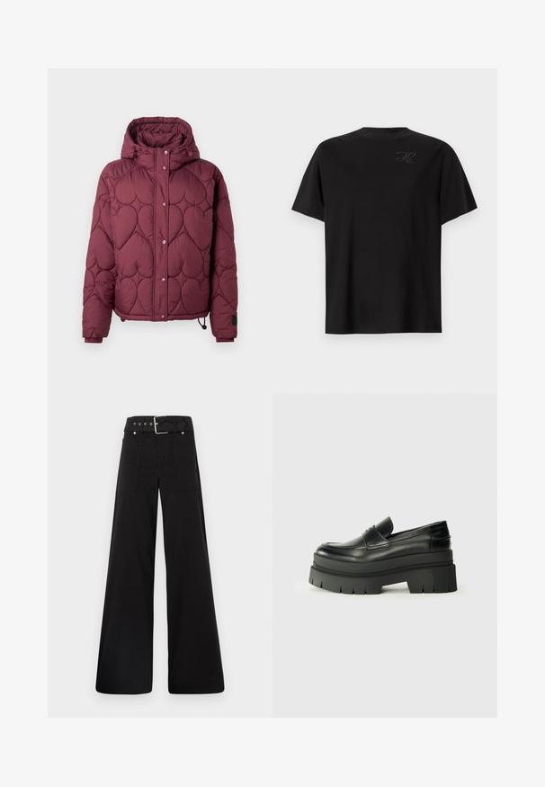 Burgunderfarget pufferjakke med hette, med hjerteformet quiltedesign, frontknapper, og elastiske mansjetter med justerbar snor i bund.; Svart bomulls t-skjorte med rund hals, kortermet design, med en liten, tonet logo på øvre venstre side. Glatt tekstur.; Sorte vidde bukser laget av bomull, med høy midje, store sidelommer og belte med sølv detaljer.; Svarte skinnloafers med en kraftig plattformsåle. Rund tå, fremre sømdetalj og subtile sømdetaljer. Flat, teksturert yttersåle.