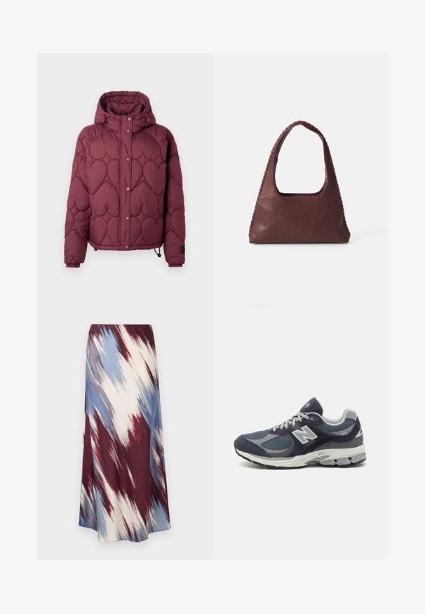 Vínová zateplená bunda s kapucňou, so srdcovo tvarovaným prešívaním, prednými cvokmi a elastickými manžetami s nastaviteľnou šnúrkou na spodnom leme.; Pánska polo košeľa s dlhými rukávmi v bordovej a bielej farbe, ktorá má golier, zapínanie na tri gombíky a vyšívané logo na hrudi.; Dlhá sukňa s diagonálnym vzorom tie-dye v burgundskej, modrej a krémovej farbe, vyrobená z jemnej látky s splývavým strihom a jemným leskom.; Tenisky New Balance s námorníckou sieťou a zvrškom z semišu, so šedými akcentmi, bielym logom, polstrovanou podrážkou a textúrovanými detailami.; Burgundská kožená kabelka trojuholníkového tvaru, s otvoreným vrchom a vrúbkovaným detailom na rukoväti. Hladký povrch s matným finišom.
