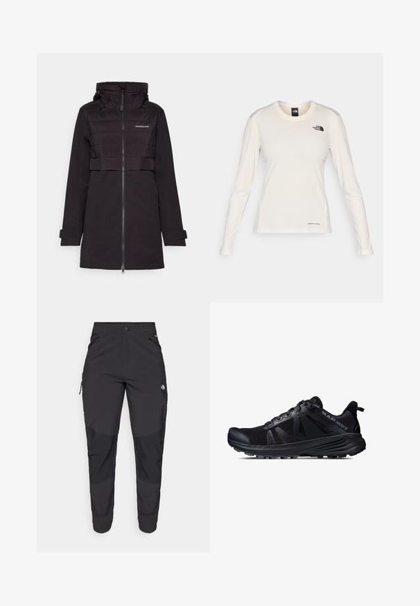 Didriksons HELLA WNS PARKA - Softshelljacke - black; The North Face SHADOW LONG SLEEVE - Langarmshirt - white dune; Schwarze Outdoor-Hosen aus strapazierfähigem Material. Verfügen über Reißverschlusstaschen, verstärkte Knieeinsätze und ein gerades Design für Beweglichkeit.; Schwarzer Trailrunning-Schuh mit einem Obermaterial aus Mesh und Gummisohle. Mit strukturierten Überzügen, verstärkter Zehenkappe und Markenlogo an der Ferse.