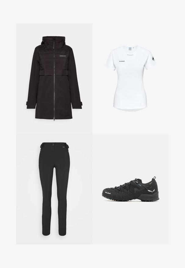 Didriksons HELLA WNS PARKA - Soft shell jacket - black; Short-sleeve white athletic shirt with a round neckline, featuring a logo on the chest and a smooth, lightweight fabric texture.; Black, fitted pants made from a flexible material. Features include a zippered side pocket, articulated knees, and a smooth texture.; Black hiking shoes with a textured fabric upper, lacing system, and rugged rubber sole. Accented with reflective details and logos.