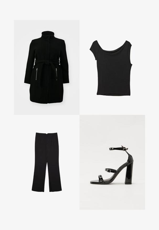 Sort frakke med høj krave, bælte i taljen og to lynlåslommer; fremstillet af et tekstureret stof med et minimalistisk design.; Sort kortærmet top lavet af glat stof; har en draperet halsudskæring og en asymmetrisk kant, med en tætsiddende pasform.; Sorte bukser med lige pasform, der har frontlommer og slidser i kanten. Lavet af blødt, glat stof. Velegnet til forskellige anledninger.; Sorte patenterede hælsandaler med firkantet tå, ankelremme og sølvspænder. Har en chunky blokHæl for stabilitet.