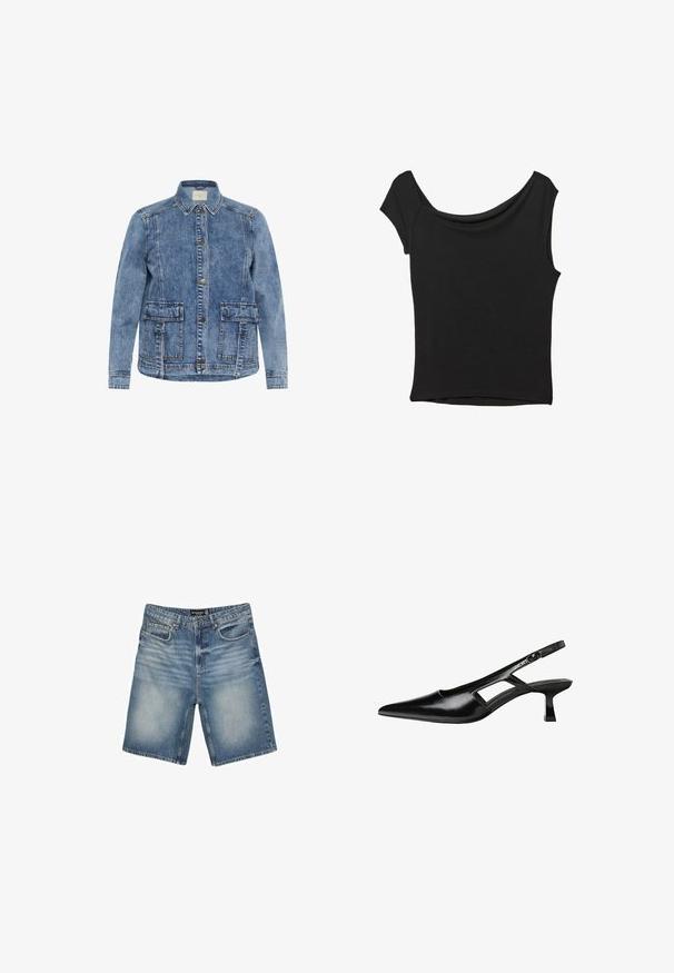 Giacca in denim azzurro chiaro con colletto, chiusura frontale con bottoni e due grandi tasche applicate. Presenta cuciture a contrasto e un fit rilassato.; Top nero a maniche corte realizzato in tessuto liscio; presenta un colletto drappeggiato e un orlo asimmetrico, con una vestibilità aderente.; Shorts in denim blu chiaro, dotati di una vita con passanti per cintura, cinque tasche e una finitura leggermente sbiadita per un aspetto consumato.; Tacchi slingback in pelle verniciata nera con punta affusolata, design con tagli laterali e tacco quadrato piccolo. Texture liscia con dettagli minimi.