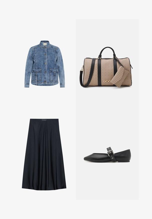 Svijetloplava traper jakna s ovratnikom, prednjim kopčanjem na gumbi i dva velika dodatna džepa. Ima kontrastne šavove i opušteni kroj.; Top brez rokavov v rumeni barvi z teksturiranim videzom in nabranim stranskim detajlom. Mehak material in sproščen kroj, z ravnim robom.; Črna krila do kolen, izdelana iz lahkotnega blaga s sproščenim dizajnom. Ima gladko teksturo in subtilne gube za dodatne podrobnosti.; Črne usnjene balerinke s špičastim viškom, stransko zaponko s srebrno zaponko in nizkem peto. Gladka tekstura in minimalističen dizajn.; Nahrbtnik z bež vzorčasto zunanjostjo, črnimi usnjenimi trakovi, zlatimi dodatki in majhnim ujemajočim se etuijem pritrjenim na njem. Strukturna zasnova.