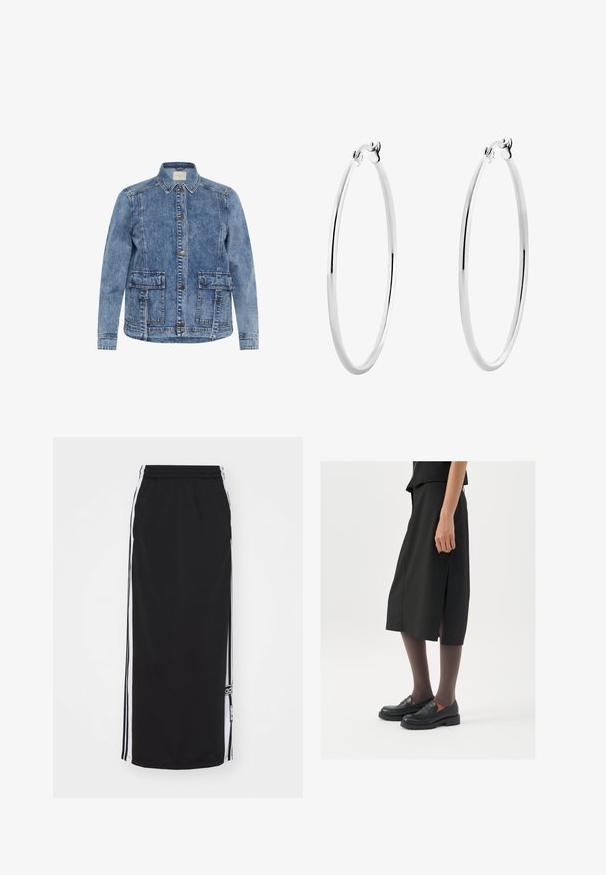 Šviesiai mėlyna džinsinė striukė su apykakle, priekiniais mygtukais ir dviem didelėmis kišenėmis. Išskirtinis kontrastingas siūlių dizainas ir laisvas siluetas.; Pilkas juostuotas palaidinukas be rankovių, su apvaliu iškirpimu. Minkšta tekstūra ir prigludęs dizainas, tinkamas kasdieniam dėvėjimui arba sluoksniavimui.; Juoda sportinė sijonas su baltais šonais, elastinga juosmens dalimi ir logotipo detalėmis. Pagamintas iš kvėpuojančios medžiagos, iki kelių ilgio.; Juoda kelių ilgumo sijonas su šonine skeltimi, derinamas su juodais loaferiais ir permatomomis rudomis pėdkelnėmis, pasižyminti lygiu audiniu ir paprastu dizainu.; Sidabriniai auskarai žiedai su lygiu, poliruotu paviršiumi ir plonu, apvaliu formatu. Dizainas turi saugų užsegimą.