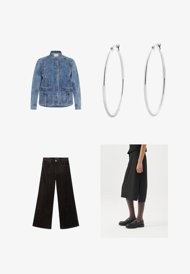 Jasnoniebieska kurtka dżinsowa z kołnierzykiem, zapinana na guziki z przodu, z dwiema dużymi kieszeniami naszytymi. Posiada kontrastowe szwy i luźny krój.; Szary prążkowany top na ramiączkach z okrągłym dekoltem i bez rękawów. Miękka tekstura i dopasowany krój, idealny do codziennych stylizacji lub jako warstwa.; Czarne spodnie z szerokimi nogawkami z korduroju, z wysokim stanem, kieszeniami z przodu i teksturowanym materiałem, z zapięciem na guzik i paskiem.; Czarna spódnica do kolan z bocznym rozcięciem, połączona z czarnymi mokasynami i przezroczystymi brązowymi rajstopami, charakteryzująca się gładkim materiałem i prostym wzorem.; Srebrne kolczyki w formie obręczy z gładką, polerowaną powierzchnią i cienkim, okrągłym kształtem. Wzór posiada pewne zapięcie.