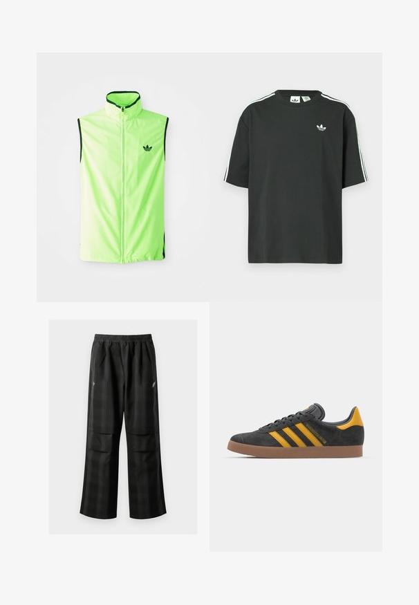 Colete atlético sem mangas, verde néon, com fecho à frente, gola alta e detalhes em preto, apresentando um pequeno logótipo preto no lado esquerdo do peito.; T-shirt preta de algodão com mangas curtas, gola redonda e detalhe branco de três riscas nos ombros. Apresenta um pequeno logotipo branco no peito.; Calças pretas em padrão xadrez com cintura elástica, dois bolsos frontais e um ajuste solto com design de perna reta. Feitas de material leve.; Tenis em camurça preta com detalhes amarelos, apresentando três riscas e uma sola de borracha castanha. Inclui uma língua acolchoada para maior conforto.