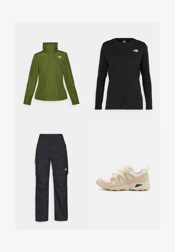 Vanntett grønn jakke med høy krage, glidelåslommer på sidene og elastiske ermer. Har et lite logo på øvre venstre front.; Svart langermet T-skjorte laget av bomull med rund hals. Har en liten hvit logo på venstre brystområde. Enkelt design og passform.; Svarte nylon cargo-bukser med glidelås og justerbare mansjetter, flere lommer og en logo på høyre bein. Glatt, lett tekstur.; Beige og krem joggesko med teksturert mesh-overdel, støttende overlegg og gummisåle med et mønster for godt grep.