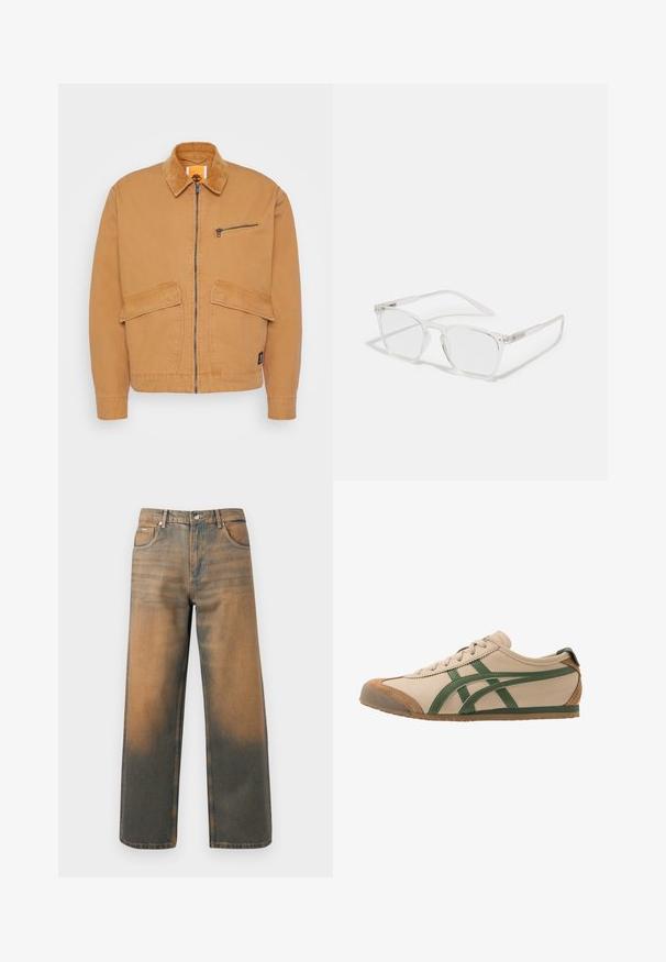 Ruskea takki, jossa on samettikaulus, edessä vetoketjukiinnitys ja kaksi suurta taskua. Sisältää pienen vetoketjullisen rintataskun ja logopatchin.; Oliivinvihreä neulepaita pyöreällä kaula-aukolla, pitkillä hihoilla ja ribbineuloksella varustetuilla hihansuilla. Pehmeä rakenne ja rento istuvuus, hieman lyhyt helma.; Levin leveät farkut kuluneessa sinisessä ja ruskeassa denimmissä. Ominaisuuksiin kuuluu korkea vyötärö, etupussit ja klassinen napitus metallikoristeilla.; Beige nahkakengät vihreillä yksityiskohdilla, joissa on pyöreä kärki, litteä pohja sekä mokkanahkayksityiskohtia kärjessä ja kantapäässä.; CHPO ZEBBE UNISEX - Sinistä valoa suodattavat lasit - transperent