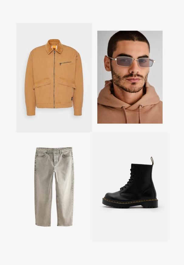 Hnědá bunda s kordovým límcem, předním zipem a dvěma velkými kapsami. Obsahuje malou kapsu na zip na hrudi a nášivku s logem.; Kostkovaná košile s dlouhým rukávem v tmavě šedé strukturované tkanině, se standardním límcem a černými knoflíky po celé délce vpředu.; Světlé šedé denimové džíny se střihovým designem rovného nohavice, pěti kapsami a prošitými detaily. Mají standardní pás a zip.; Černé kožené kotníkové boty s šněrováním vpředu, žlutým prošíváním, zaoblenou špičkou a silnou, textured gumovou podrážkou.; Šedé obdélníkové sluneční brýle s tenkými kovovými rámy, velkými skly a jemným hnědým nádechem. Nosené s béžovou mikinou. Neutrální pozadí.; Stříbrný nerezový náramkový hodinky s navy modrým ciferníkem, kovovými hodinovými značkami a oknem pro datum na hodině 3. Vodotěsné do 50 metrů.