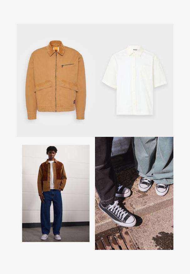 Barna kabát kordbársony gallérral, elöl cipzárral záródik, és két nagy zsebbel rendelkezik. Tartalmaz egy kis cipzáras zsebet a mellkas részen és logó foltot.; Rövid ujjú, gombos ing törtfehér pamutból. Gallérral és egy bal oldali mellzsebbel rendelkezik, egyszerű dizájnnal és puha textúrával.; Férfi áll bent egy barna kordbársony dzsekiben rozsdás foltokkal, fehér pólóban, laza kék farmerben és fehér sportcipőben.; Fekete vászon, alacsony szárú sportcipők fehér gumibókos részekkel és fűzőkkel, széles zöld farmernadrággal párosítva, egy textúrált kőfelületen.