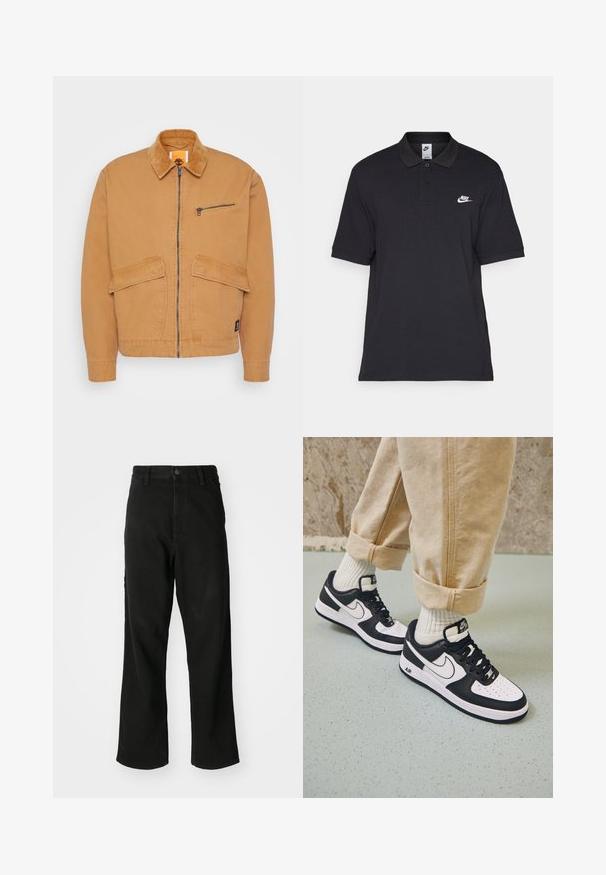 Svetlohnedá bunda s kordurovým golierom, predným zipsom a dvoma veľkými vreckami. Obsahuje malé zipsové vrecko na hrudi a nášivku s logom.; Čierna polo košeľa vyrobená z bavlny, s dvoma gombíkmi, krátkymi rukávmi a bielym logom Nike na ľavej hrudi.; Čierne rovné džínsy s gombíkovým zapínaním, pútkami na opasok a prednými vreckami na jednoduchom bielom pozadí.; Čierno-biele tenisky Nike Air Force 1 s koženým zvrškom, perforovanou špičkou a textúrovanou podrážkou, kombinované s ohrnutými béžovými nohavicami a bielymi ponožkami.