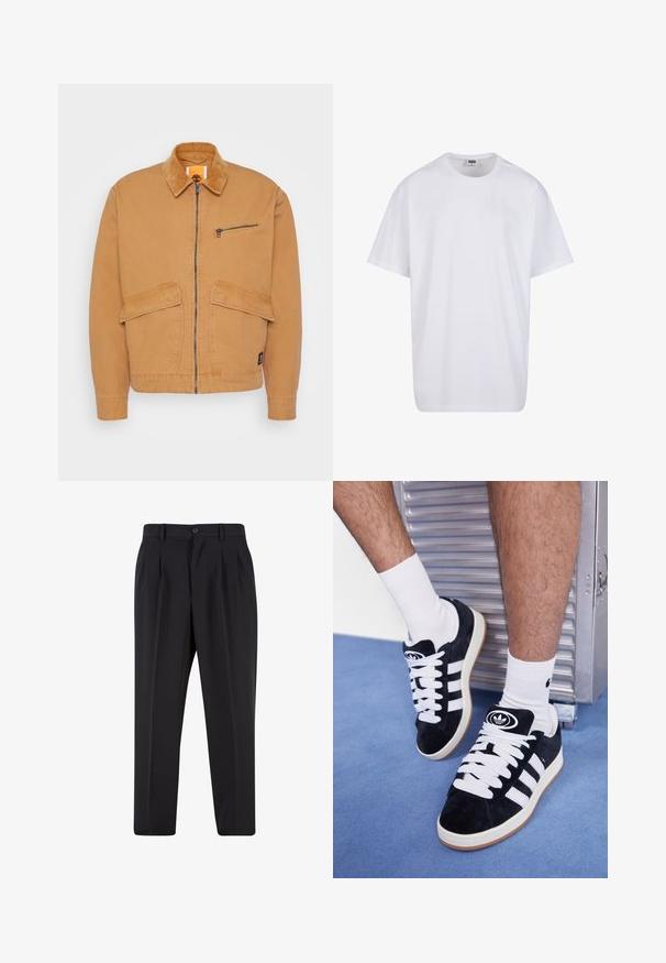 Brun jakke med kordfløyelskrage, frontglidelås og to store lommer. Har en liten glidelåslomme på brystet oglogo-patch.; Hvit bomull t-skjorte med korte ermer, rund utringning, avslappet passform, og ingen synlige logoer eller mønstre. Glatt tekstur og minimalistisk design.; Sorte bukser med plisseret frontdesign, lavet af glat stof. Har knaplukning og bæltesløjfer; rett-bukser.; Sorte semskede sneakers med hvite lisser og tre hvite striper. Har en sirkulær svart logo på tungen og en såle av gummigummi.