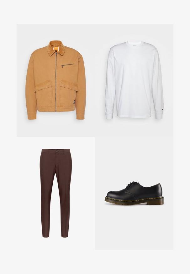 Barna kabát kordbársony gallérral, elöl cipzárral záródik, és két nagy zsebbel rendelkezik. Tartalmaz egy kis cipzáras zsebet a mellkas részen és logó foltot.; Fehér, hosszú ujjú, pamut póló. Kerek nyakú kialakítás, bordázott mandzsetták és egy kis logó a bal ujján. Simaság jellemzi.; Barna, testre szabott nadrág lapos elülső résszel, övhurkokkal és egy gombos záródással. Simahabb anyagból készült, egyenes lábujjakkal.; Fekete bőr cipő lekerekített orral, fűzős kialakítással, sárga varrással a talp mentén és masszív, texturált gumi talppal.