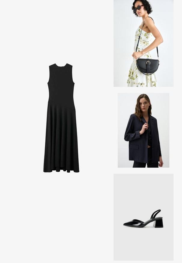 Marineblauer Nadelstreifen-Blazer aus leichtem Stoff mit aufgesetztem Revers, einzelner Frontknopf-Verschluss und seitlichen Taschen.; Schwarzes ärmelloses Maxikleid mit enger Passform im Oberteil und schwingendem Rock, ausgestattet mit einer glatten Textur und minimalistischem Design, ohne sichtbare Verschlüsse.; Schwarze Lackleder-Slingback-High Heels mit spitzem Schuh und einem geometrischen Blockabsatz. Verfügt über ein schlankes, minimalistisches Design und eine glatte Textur.; Schwarze Lederhandtasche mit geschwungener Form, abnehmbarem Tragegurt und goldenen Beschlägen. Die Tasche verfügt über einen Deckel mit einer Schnallen-Details.