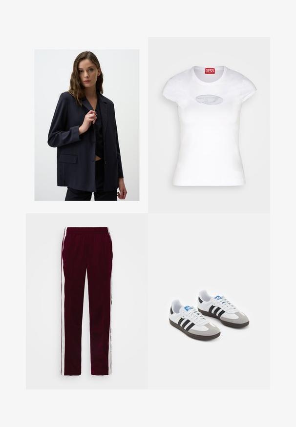 Marineblauwe pinstripe blazer van lichtgewicht stof, met een gekleed kraag, enkele knoopsluiting aan de voorkant en zijzakdetails.; Witte, aansluitende T-shirt van katoen, met een ronde hals en korte mouwen, voorzien van een lichtblauw geborduurd logo aan de voorkant.; Bordeaux sportbroek met een trekkoord in de taille, witte zijstrepen en een slim fit. Gemaakt van een gladde, lichtgewicht stof.; Sportschoenen met een witte leren bovenkant, grijze suède neus en drie zwarte strepen. Bevat een blauw logo op de tong en een gestructureerde rubberen zool.