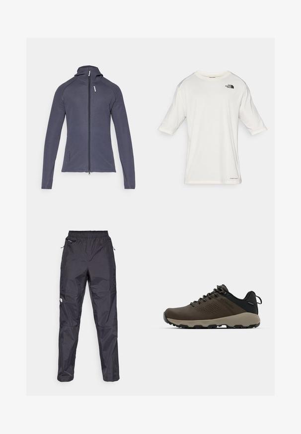 Giacca a zip grigia scura con un design aderente, maniche lunghe e cappuccio. Presenta una tasca sul petto con zip e tessuto strutturato.; T-shirt bianca a maniche corte con collo a giro e logo The North Face sul lato sinistro del petto, e il testo "Lightrange" vicino all'orlo.; Pantaloni impermeabili neri realizzati in materiale leggero e testurizzato. Presentano una vita elasticizzata e tasche con zip.; Sneakers impermeabili marroni con tomaia testurizzata, dettagli perforati, supporto al tallone nero e suola in gomma grigia. I lacci sono decorati con estremità metalliche.