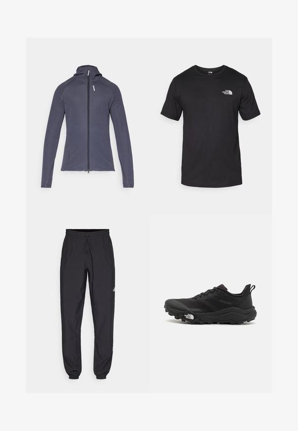 Dark gray zip-up jacket with a fitted design, long sleeves, and a hood. Features a chest pocket with zip and textured fabric.; Black short-sleeve t-shirt made of cotton, featuring a round neckline and a small white logo on the upper left chest area.; Black athletic pants made from lightweight fabric, featuring a drawstring waistband, side pockets, and tapered cuffs at the ankles.; Black trail running shoe with a textured upper, rubber sole, and reinforced toe cap. Features a padded collar and pull tab for easy wear.