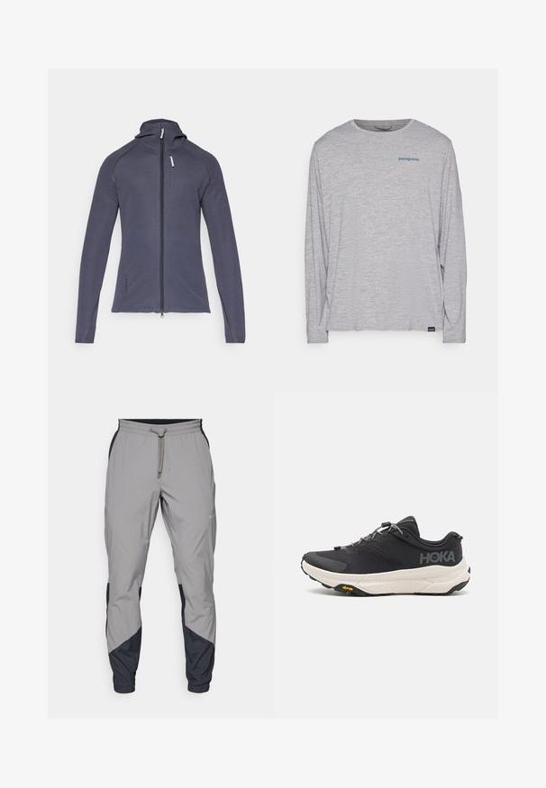 Sötétszürke, zipzárral ellátott dzseki, testhez simuló fazonban, hosszú ujjakkal és kapucnival. Elől egy cipzáros mellzseb található, valamint struktúrált anyaga van.; Világosszürke, hosszú ujjú póló, puha, texturált anyagból készült. Kerek nyakkivágással és egy kis kék Patagonia logóval rendelkezik a mellkasán.; Könnyű, szürke sportnadrág fekete részletekkel. Rugalmas derékpánt, zsinóros zárás, szabott lábszár kialakítás és oldalsó zsebek.; Fekete sportcipő texturált felsőrésszel, szürke kiegészítőkkel, fényvisszaverő részletekkel és vastag fehér talppal, amelyen Vibram márkajelzés található.