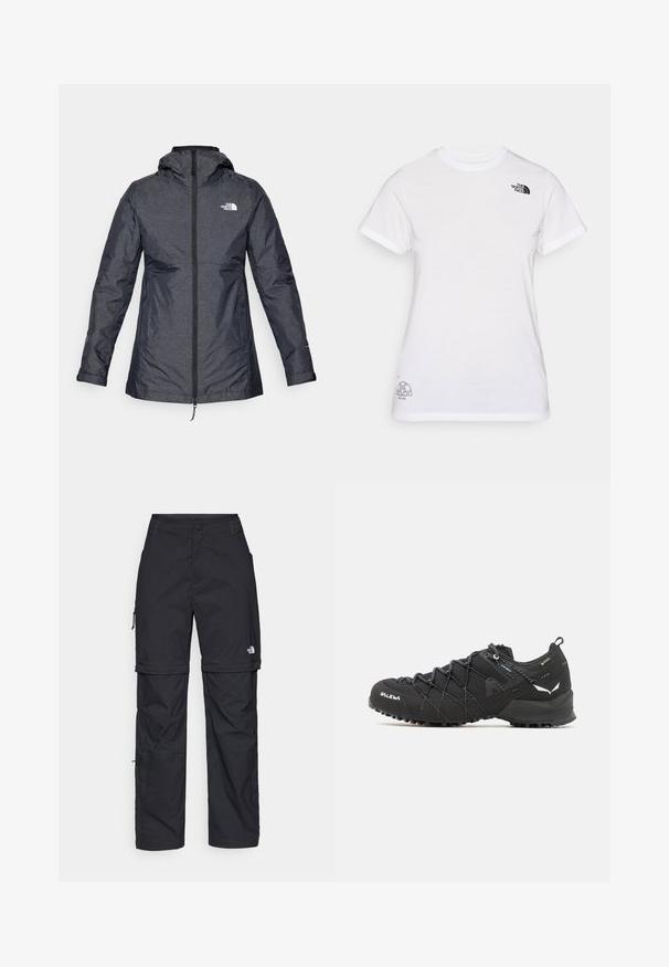 The North Face HIKESTELLER TRICLIMATE - Vodootporna jakna - black; Bijela pamučna majica s crnim logotipom na lijevoj strani prsnog koša i sivoj grafici na donjem desnom dijelu. Klasični okrugli izrez i kratki rukavi.; Crne najlon hlače s munjevim zatvaranjem, odvojive cargo hlače s podesivim manžetama, brojnim džepovima i logom na desnoj nozi. Glatka, lagana tekstura.; Crne planinarske cipele s gornjim dijelom od teksturirane tkanine, sistemom vezivanja i čvrstim gumenim potplatom. Osvijetljene reflektirajućim detaljima i logotipima.