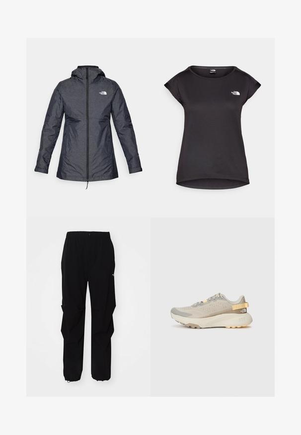 The North Face HIKESTELLER TRICLIMATE - Αδιάβροχο μπουφάν - black; The North Face TANKEN TANK - Αθλητικό μπλουζάκι - black; Μαύρο παντελόνι εξωτερικού χώρου φτιαγμένο από ανθεκτικό υλικό, με άνετη εφαρμογή, ελαστική μέση και σφιχτές μανσέτες για ρυθμιζόμενο μήκος.; Ανοιχτό μπεζ αθλητικό παπούτσι για τρέξιμο με υφασμάτινη επάνω επιφάνεια υφής, γκρι λεπτομέρειες, ανθεκτική καουτσούκ σόλα και πίσω λουράκι για εύκολη εφαρμογή.